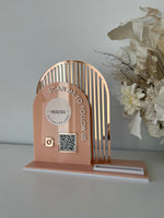 Double Arched Logo + Single QR and Card Holder (scan me to follow us)