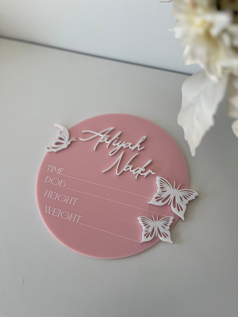 3D Butterfly Birth Announcement Plaque - Circle - Luxe Decor by Lisa