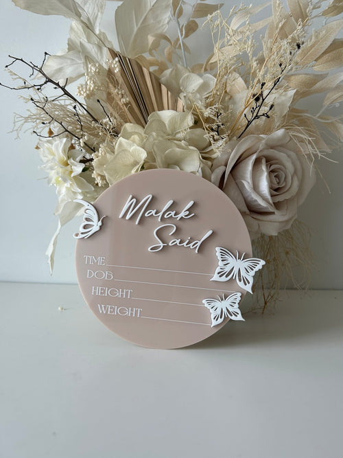 3D Butterfly Birth Announcement Plaque - Circle - Luxe Decor by Lisa