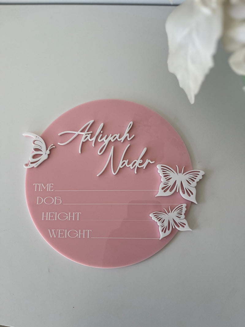 3D Butterfly Birth Announcement Plaque - Circle - Luxe Decor by Lisa