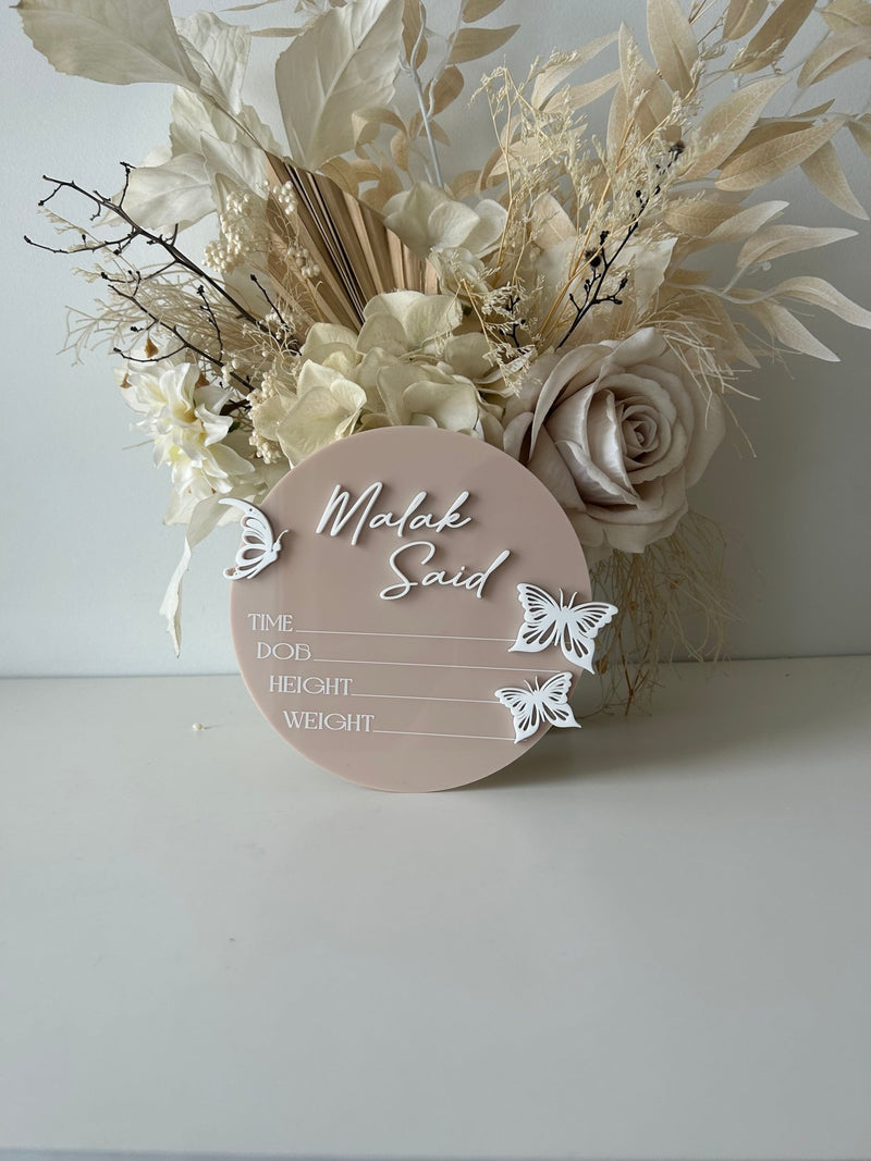 3D Butterfly Birth Announcement Plaque - Circle - Luxe Decor by Lisa