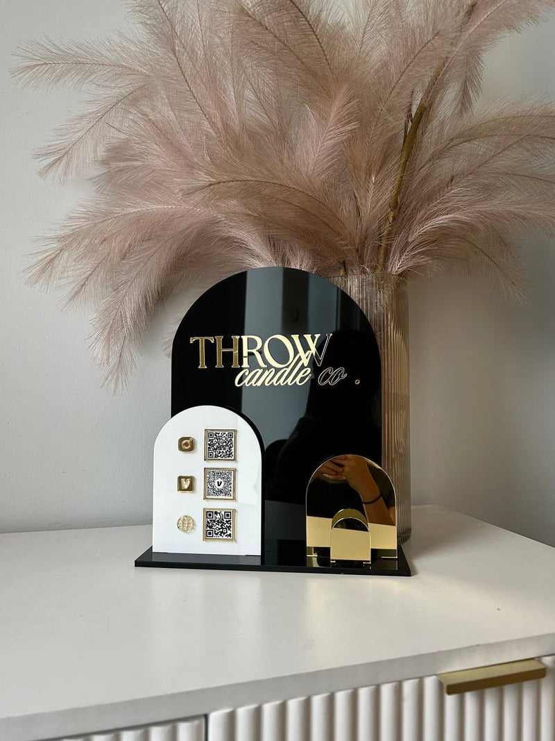 Solid Triple Arches, Logo, QR’s + Card Holder