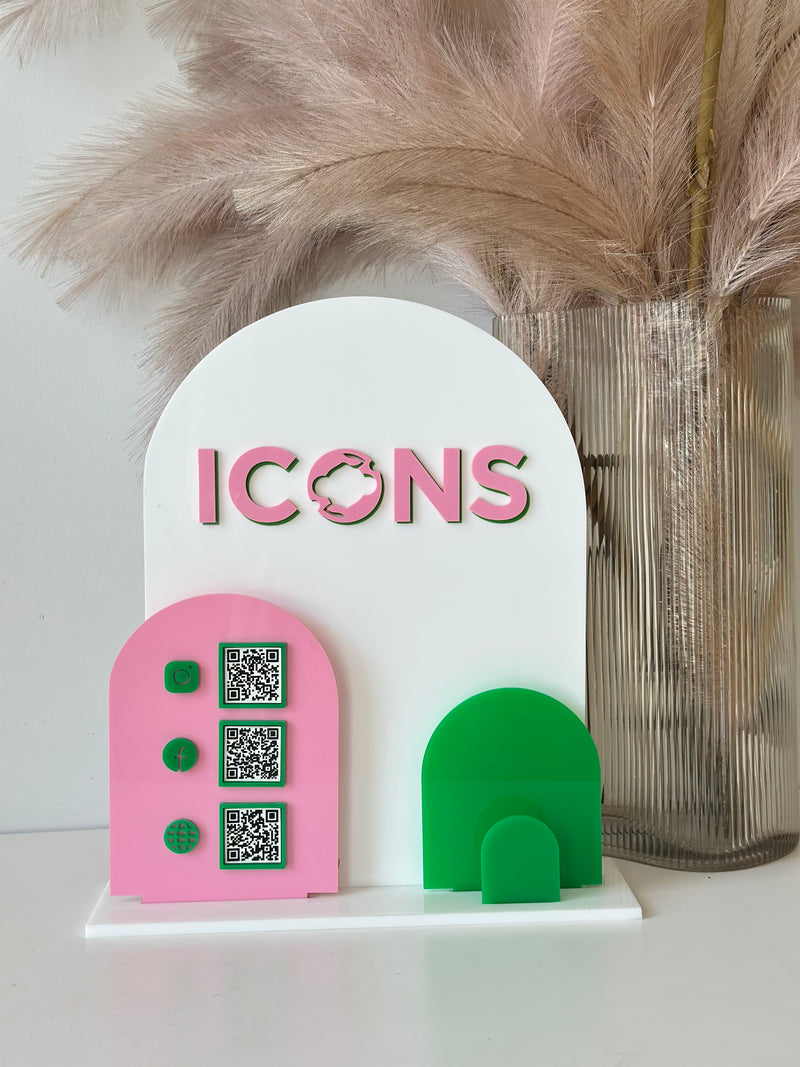 Solid Triple Arches, Logo, QR’s + Card Holder