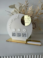 The Round Acrylic Modern QR Sign Freestanding Code Instagram Acrylic Business sign - 3 QR Codes + Business Card Holder