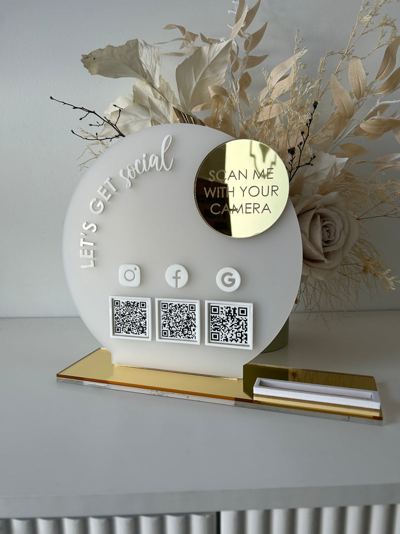 The Round Acrylic Modern QR Sign Freestanding Code Instagram Acrylic Business sign - 3 QR Codes + Business Card Holder