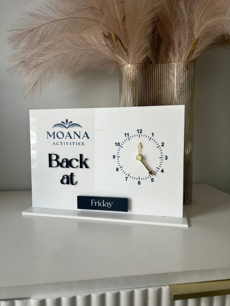 Back At, Changeable Clock + Days Sign + Logo - Freestanding - Luxe Decor by Lisa