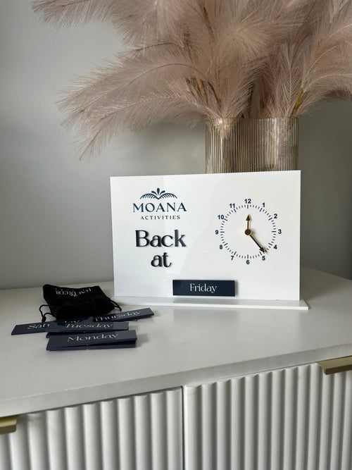 Back At, Changeable Clock + Days Sign + Logo - Freestanding - Luxe Decor by Lisa