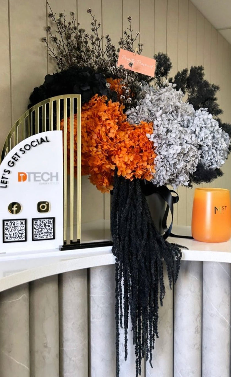 Half Arch Modern QR Freestanding Sign - 2 QR Codes, Logo + Card Holder - Luxe Decor by Lisa