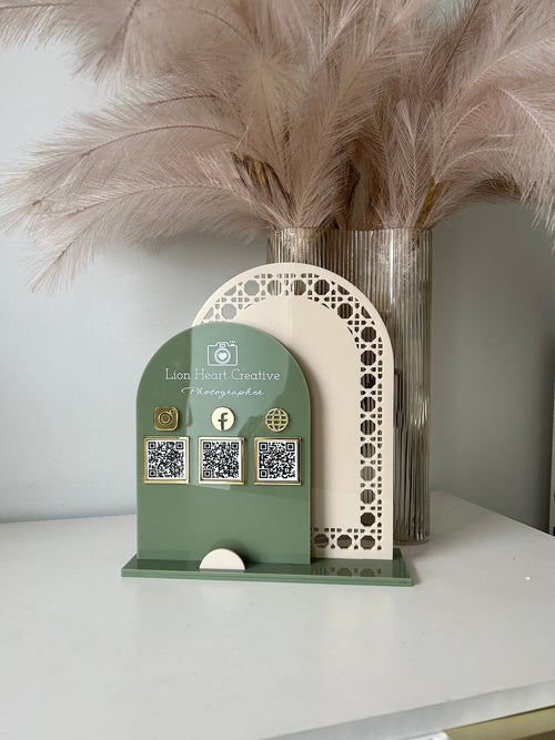 Rattan Triple Arches, Logo, 3 QR’s, Card Holder - Luxe Decor by Lisa