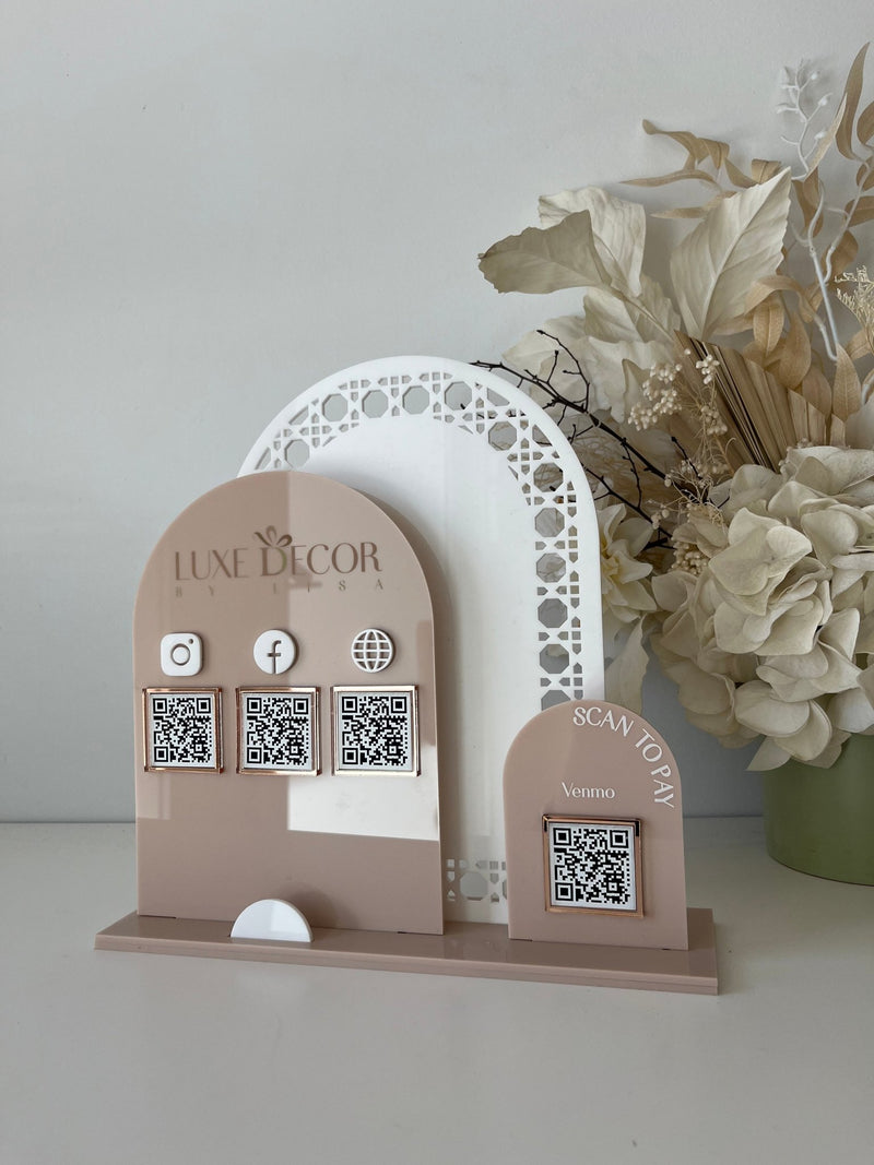 Rattan Triple Arches, Logo, 3 QR’s, Card Holder and Payment QR - Luxe Decor by Lisa
