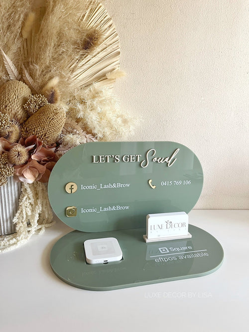3 in 1 Business Sign / Square + Socials + Card Holder Style 2 Oval Shaped - Luxe Decor by Lisa