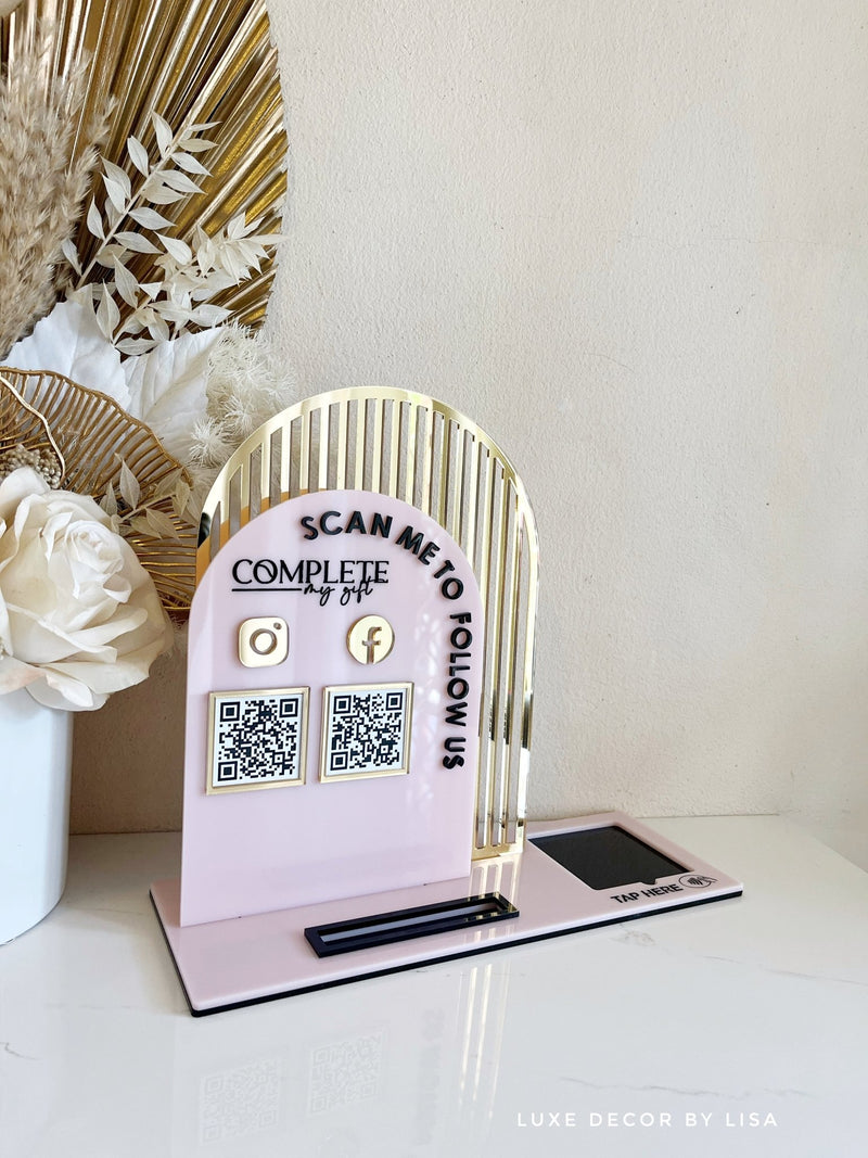 3 in 1 Double Arched Social Sign/ Square + QR + Card Holder and Added Business Name - Luxe Decor by Lisa