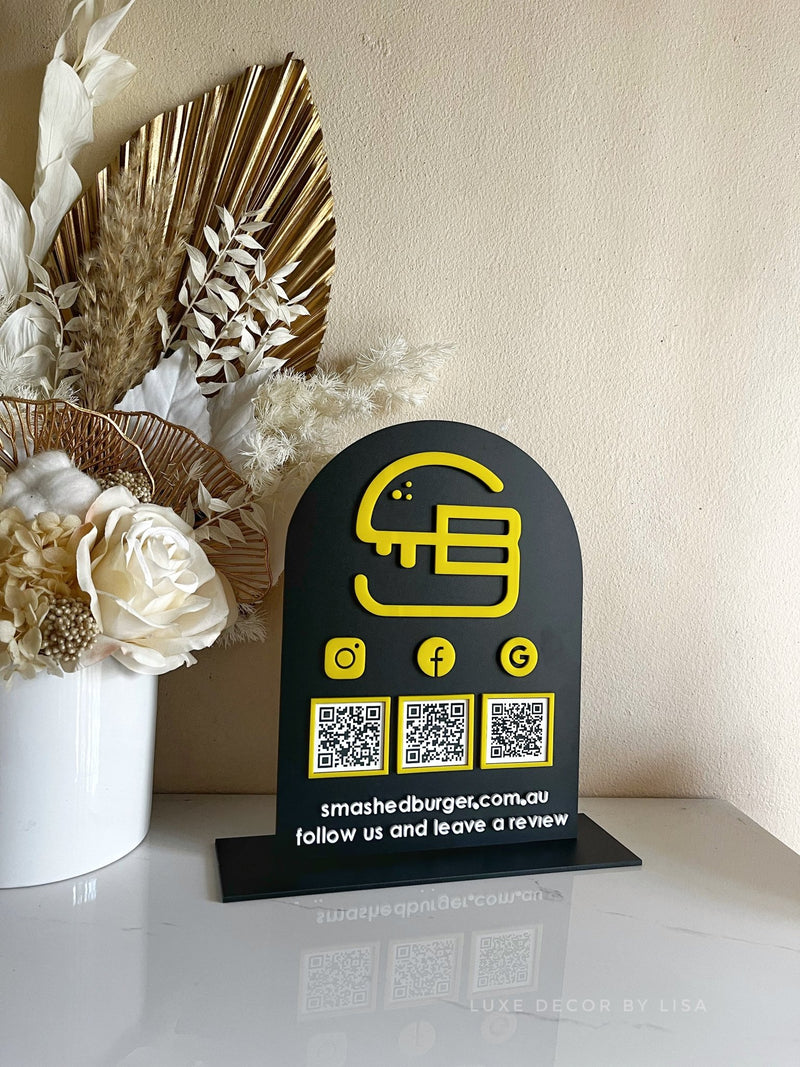 Arched Business Logo + Triple QR Sign Freestanding - Luxe Decor by Lisa