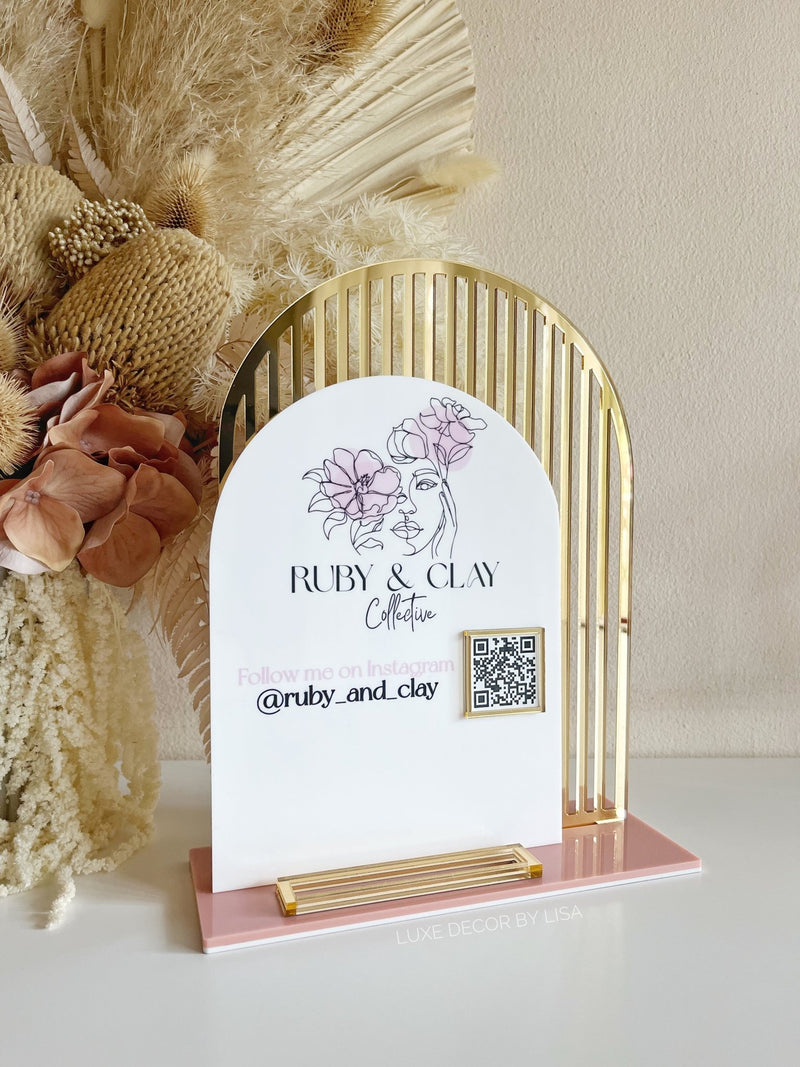 Double Arched Logo, QR + Business Cards Printed Sign - Luxe Decor by Lisa