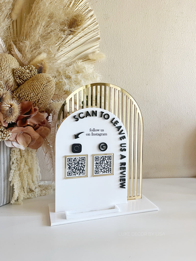 Double Arched Review, Social QR + Business Cards Sign
