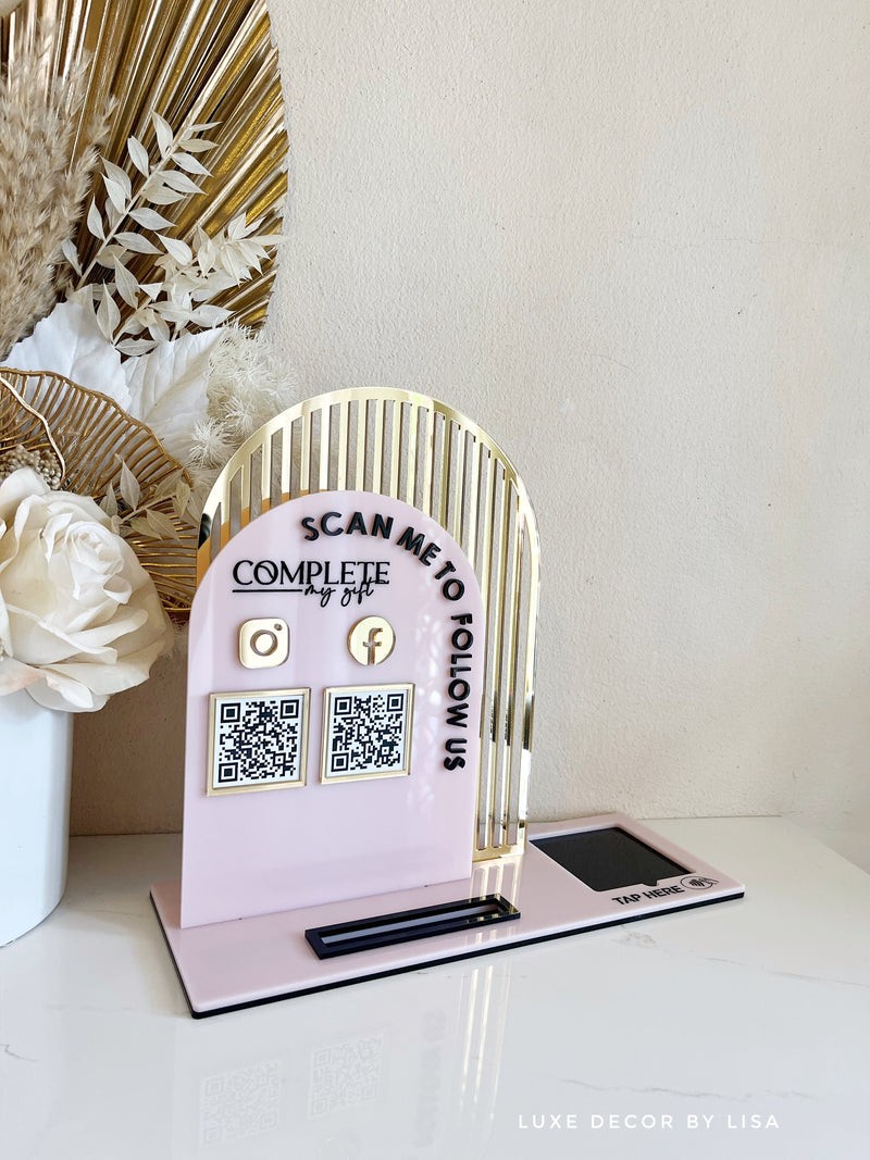 3 in 1 Double Arched Social Sign/ Square + QR + Card Holder and Added Business Name