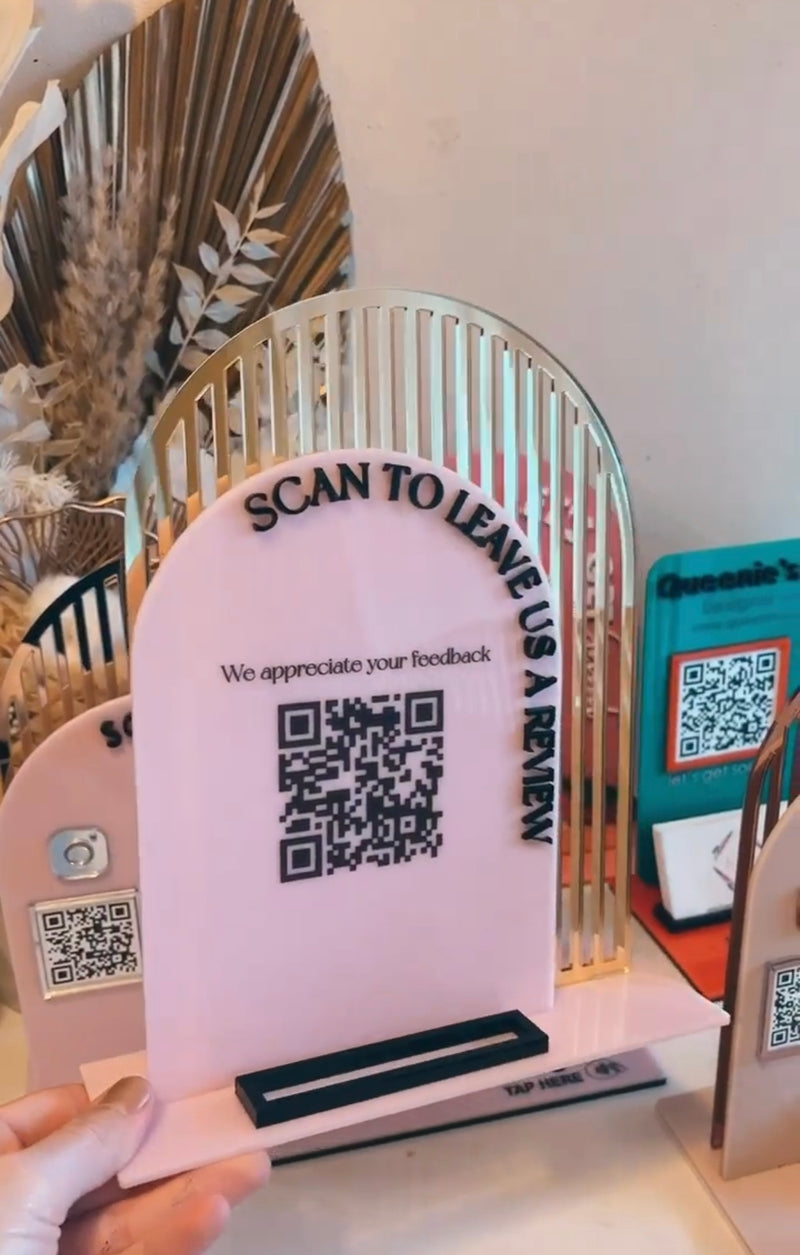 Reviews Double Arch QR Freestanding Sign + Business Card Holder