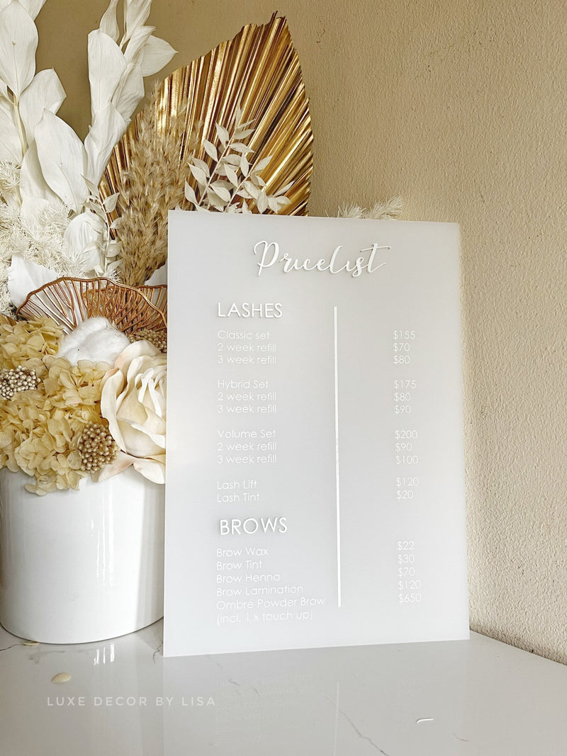Pricelist Acrylic Sign - Printed - Luxe Decor by Lisa